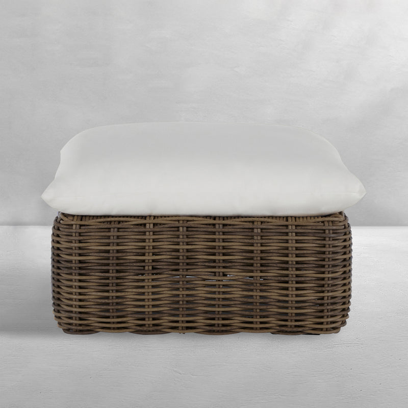 QS Montecito Resin Wicker Ottoman, Raffia with Linen Snow Cushions