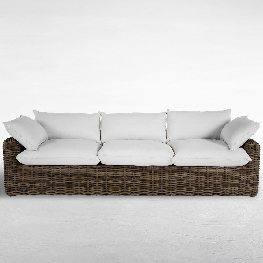 QS Montecito Resin Wicker Sofa, Raffia with Linen Snow Cushions