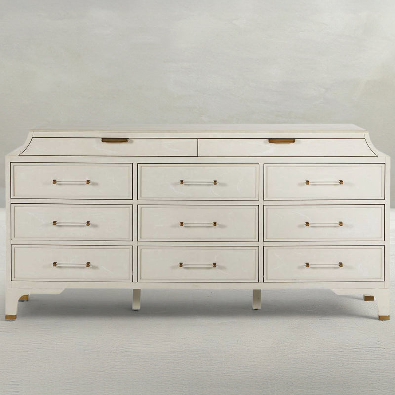 beige and white dresser Butler Specialty Mayfair 6 Drawer Wood and Marble Dresser, Light Brown